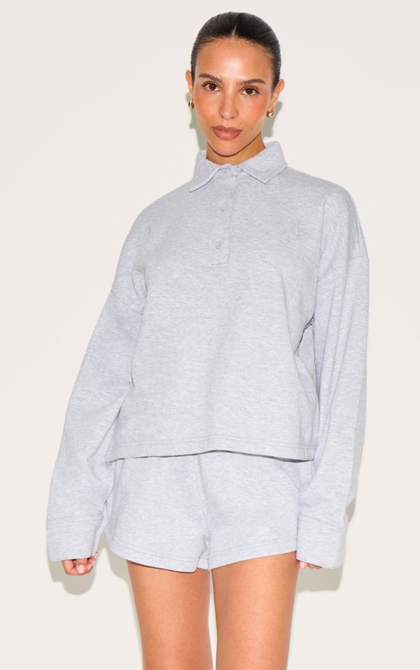 Petite Ash Grey Loopback Oversized Polo Detail Sweatshirt