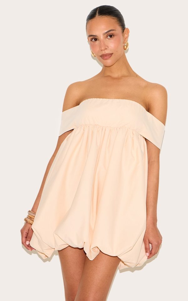 Petite Peach Bardot Puffball Mini Dress