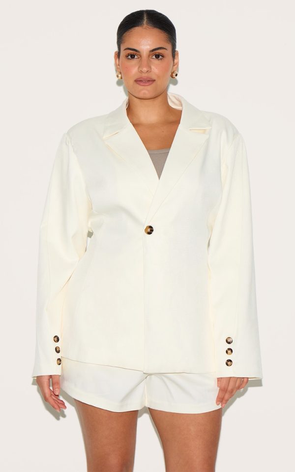 Plus Cream Tailored Woven Cinch Waist Blazer