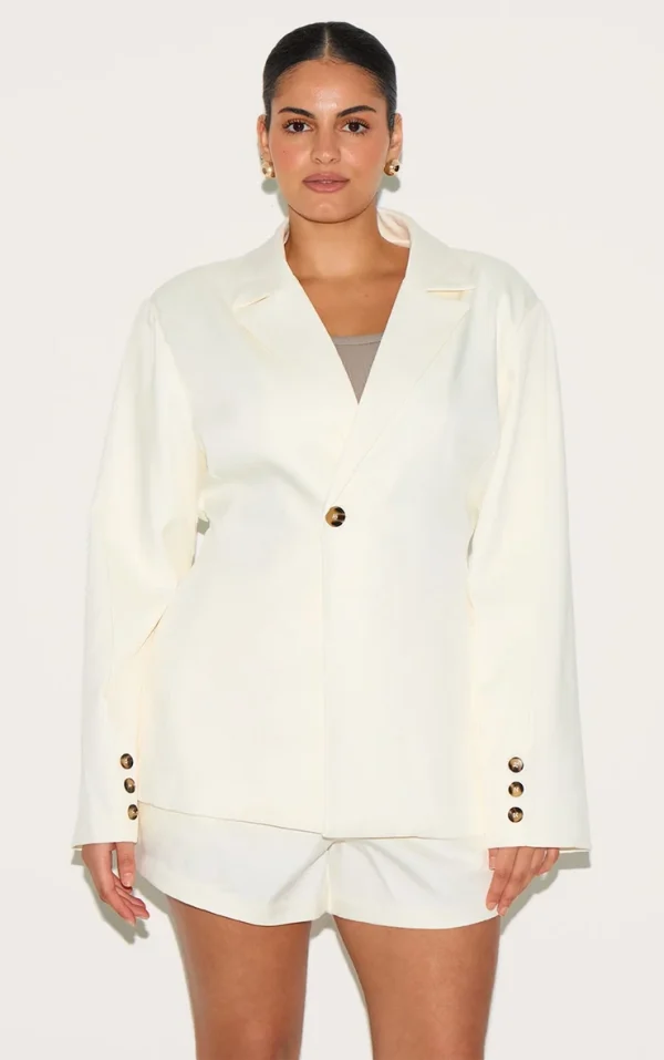Plus Cream Tailored Woven Cinch Waist Blazer