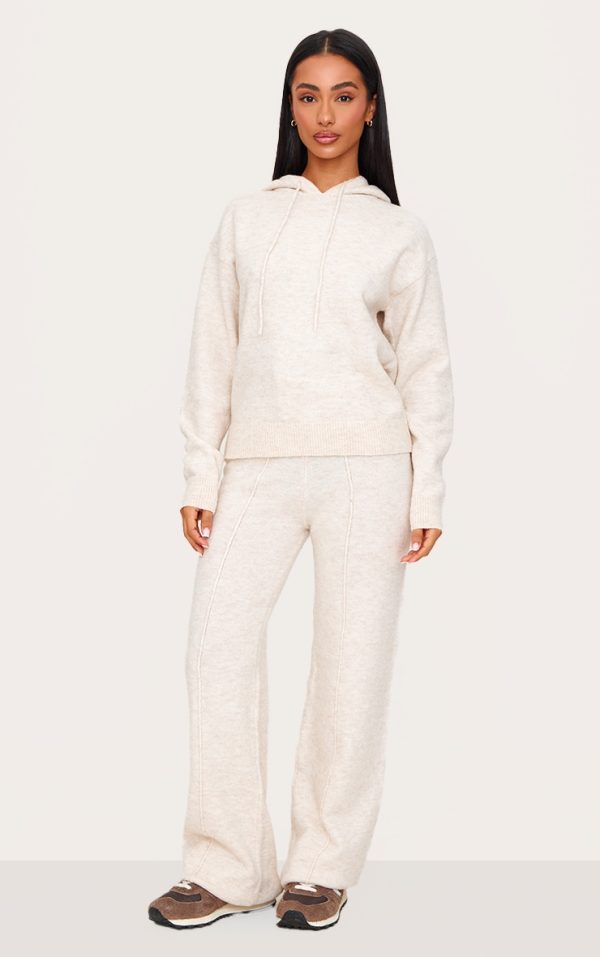 Petite Oatmeal Knitted Seam Detail Wide Leg Pants