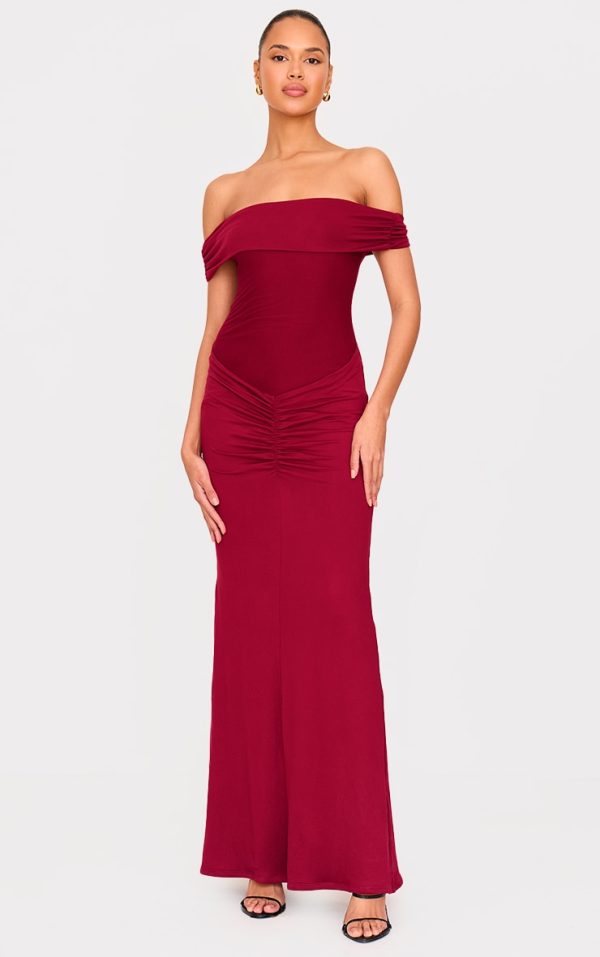 Burgundy Double Contour Bardot Ruched Detail Maxi Dress