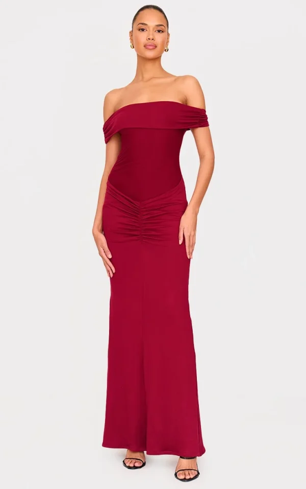 Burgundy Double Contour Bardot Ruched Detail Maxi Dress