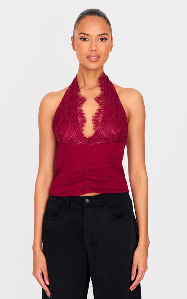 Burgundy Lace Detail Chiffon Printed Plunge Long Top