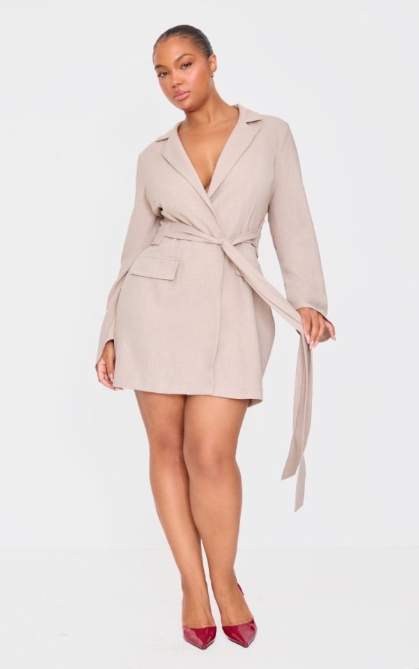Plus Stone Woven Belted Blazer Dress
