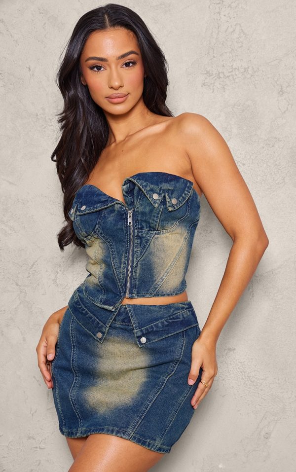 Petite Indigo Vintage Wash Denim Fold Over Zip Up Corset