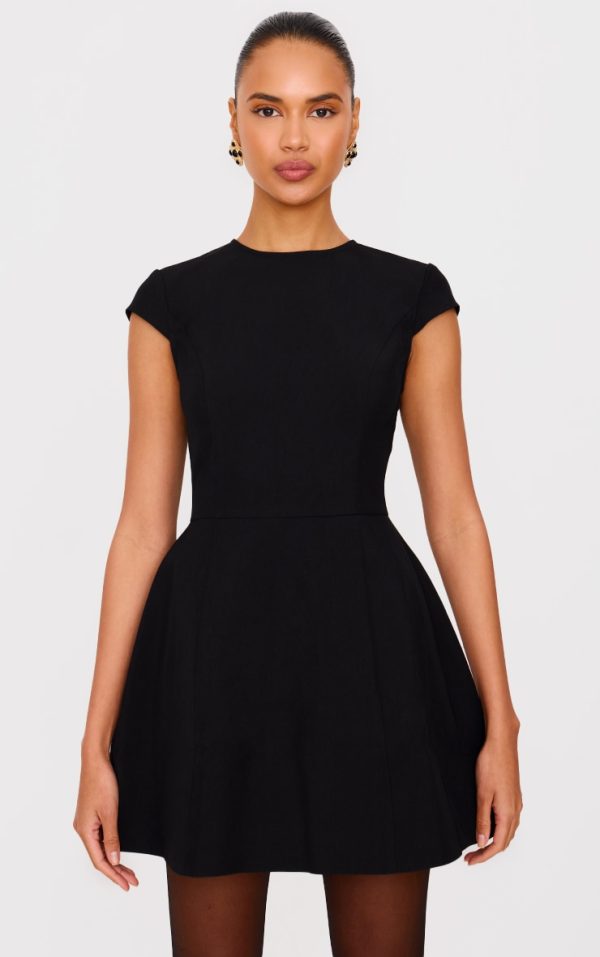 Black Cap Sleeve Mini Curved Shift Dress