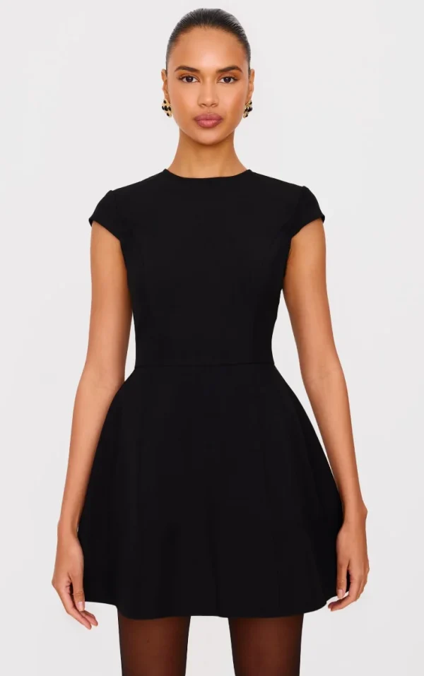 Black Cap Sleeve Mini Curved Shift Dress