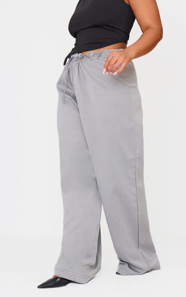 Plus Charcoal Woven Drawstring Waistband Straight Leg Pants