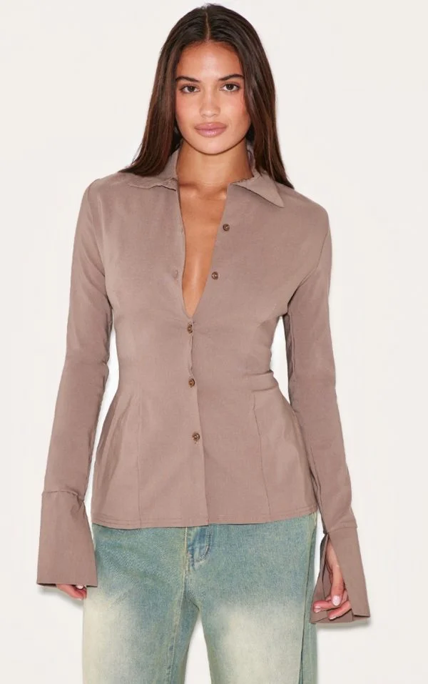 Taupe Bengaline Cinched Waist Detail Long Sleeve Shirt