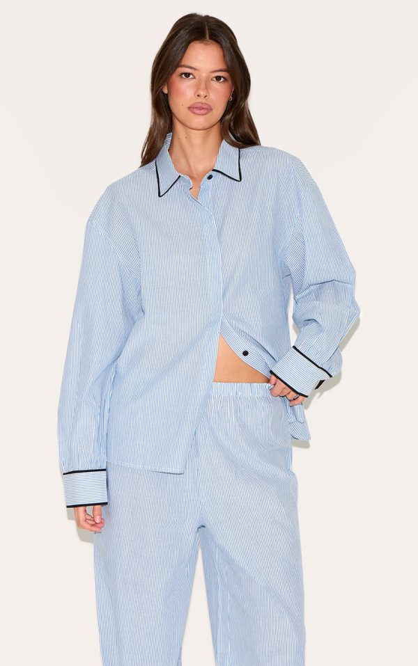 Blue Stripe Contrast Piping Tie Detail Long Pj Set