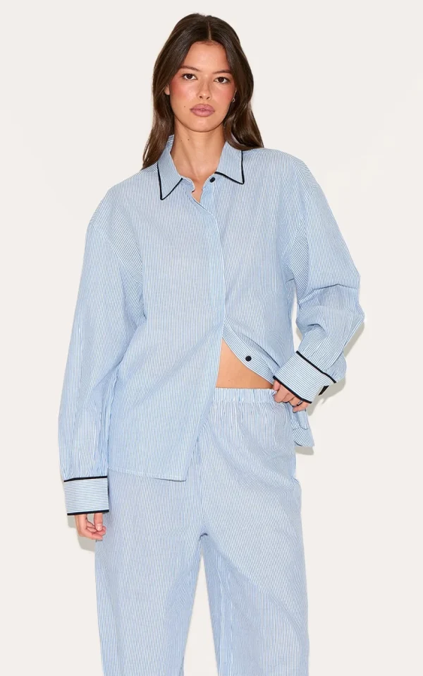 Blue Stripe Contrast Piping Tie Detail Long Pj Set