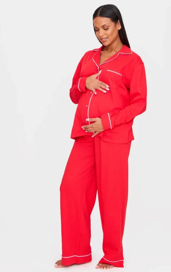 Maternity Red Jersey Piping Detail Long Pj Set