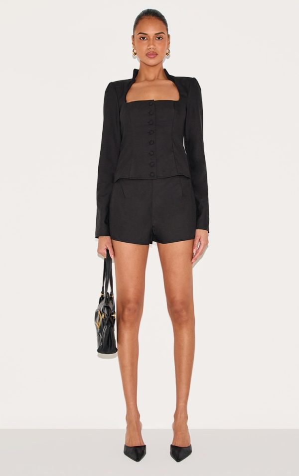 Black Woven Scoop Neck Button Detail Romper