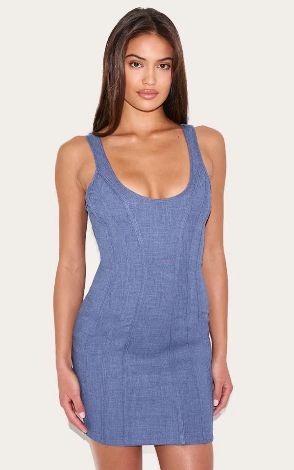 Navy Woven Corset Detail Mini Dress