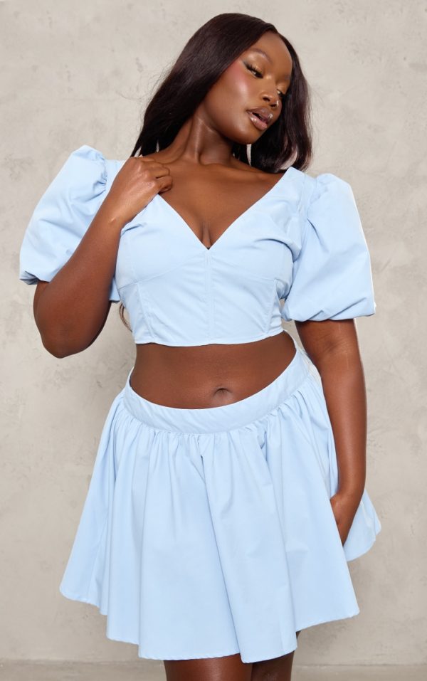 Plus Baby Blue V Neck Puff Sleeve Crop Top
