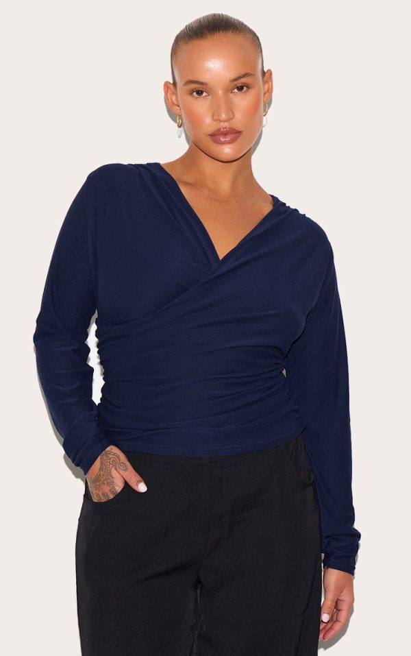 Plus Navy Soft Touch Ruched Long Sleeve Longline Top