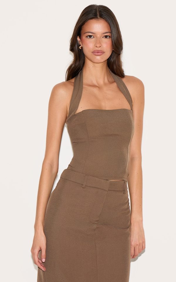 Chocolate Tailored Woven Halterneck Top