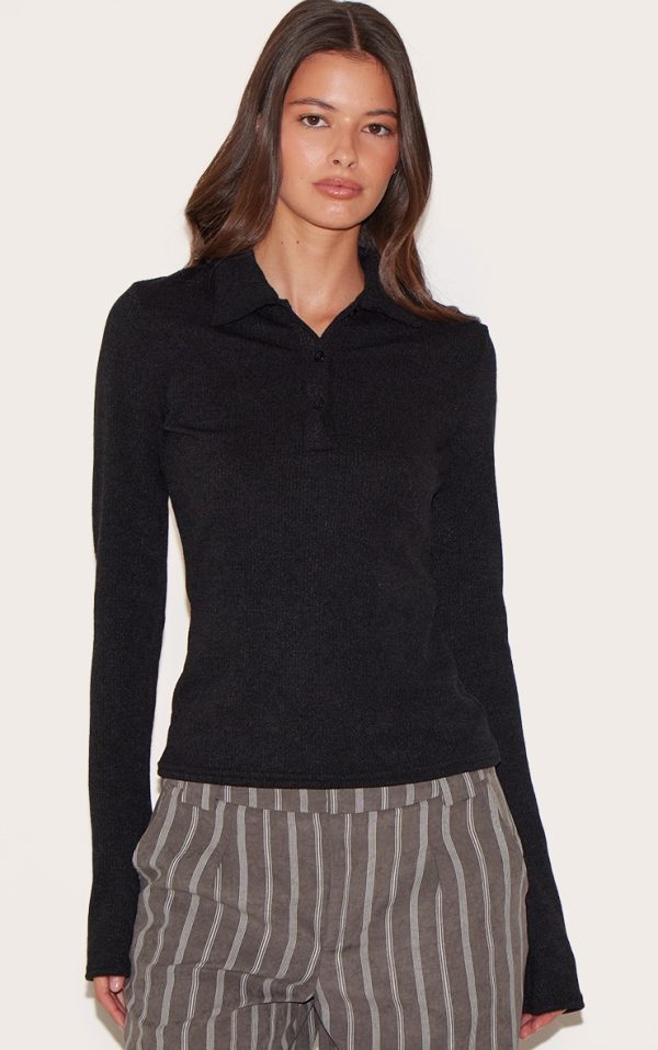 Black Textured Button Down Flared Long Sleeve Top