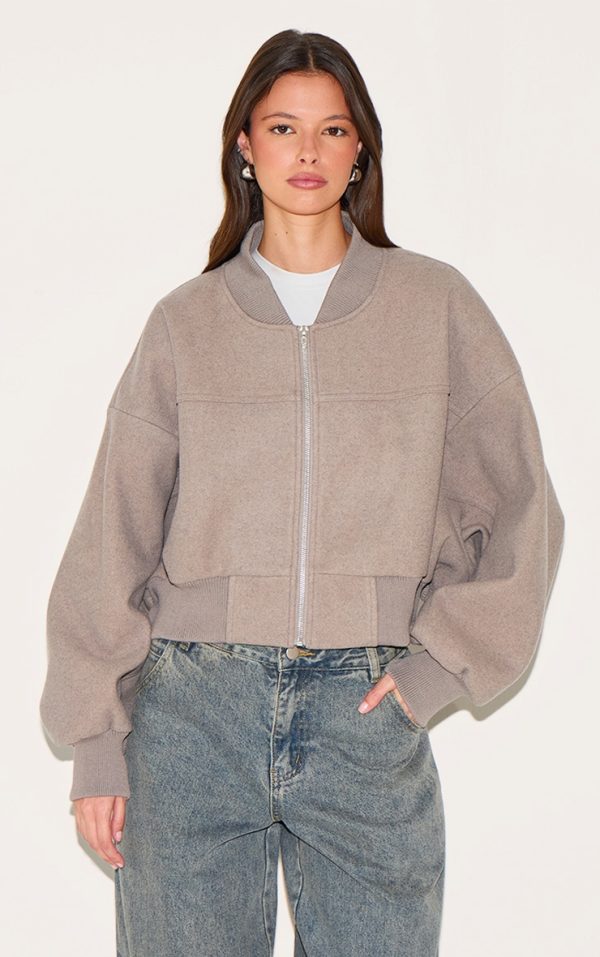 Taupe Ruched Sleeve Cropped Bomber Jacket