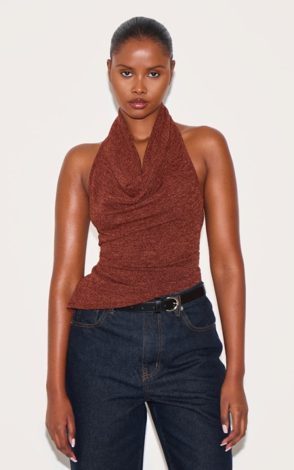 Brown Textured Cowl Neck Backless Long Top