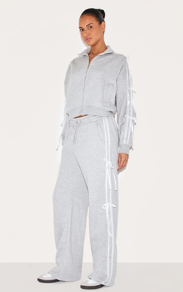 Grey Marl Velvet Bow Detail Wide Leg Sweatpants