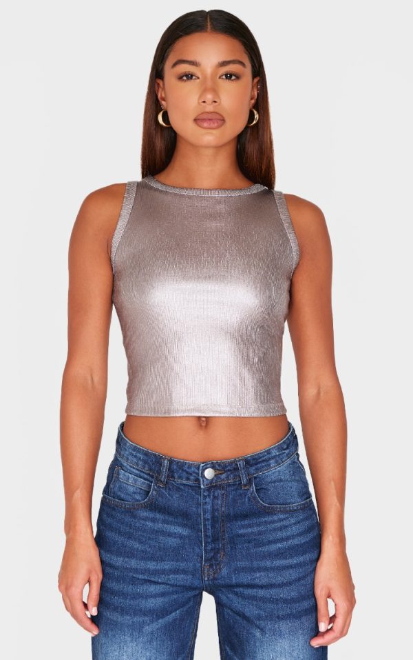 Dark Grey Metallic Ribbed Racer Long Vest Top
