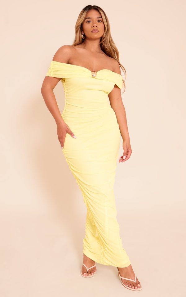 Shape Butter Yellow Mesh Bardot Gold Trim Ruched Maxi Dress