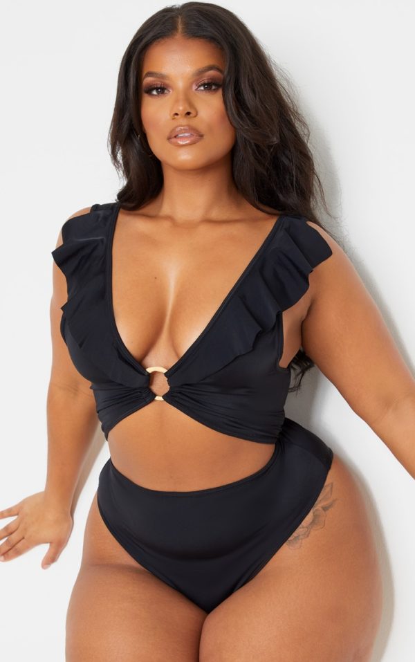 Plus Black Frill Edge Ring Detail Swimsuit