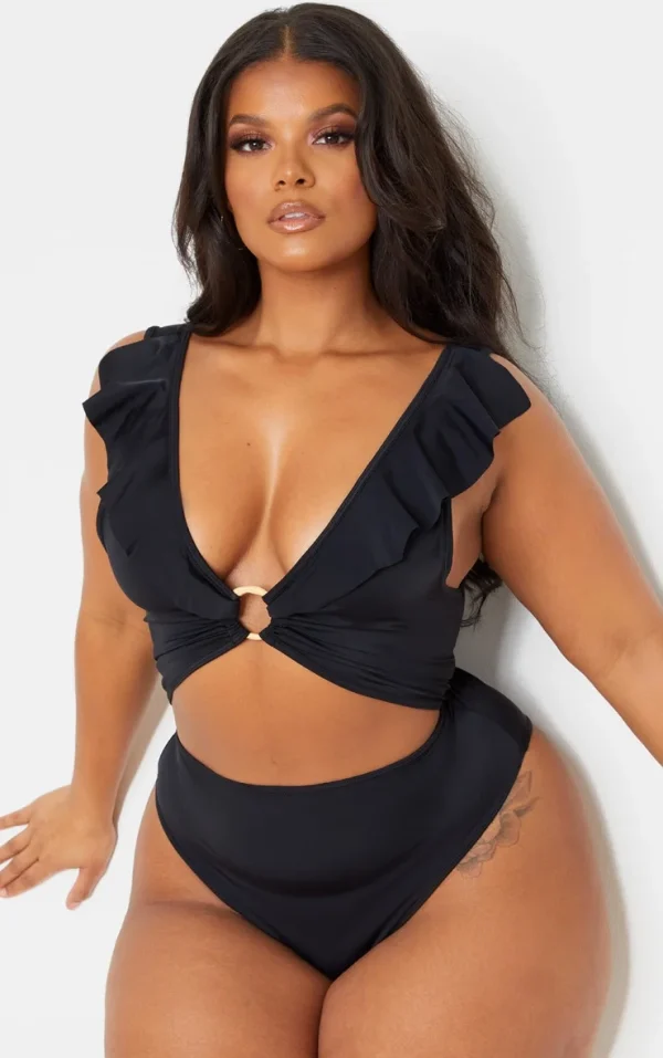 Plus Black Frill Edge Ring Detail Swimsuit