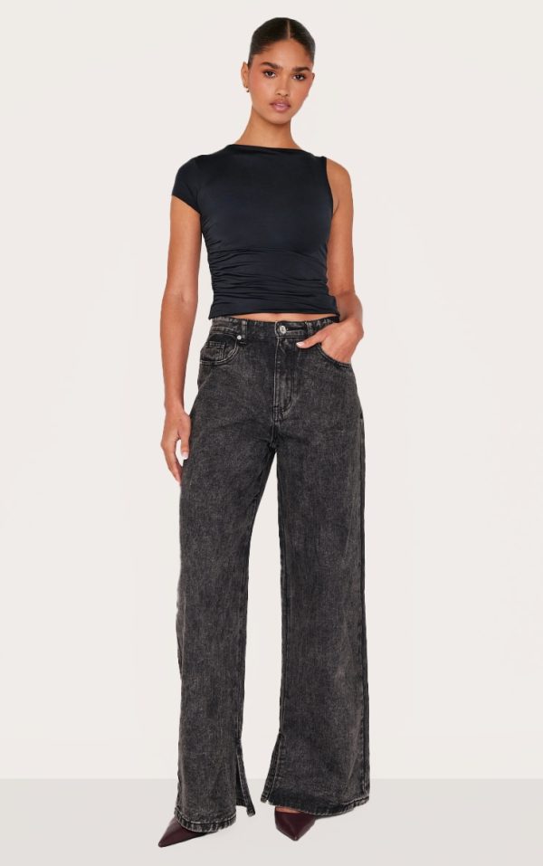 Dark Grey High Rise Split Hem Wide Leg Jeans