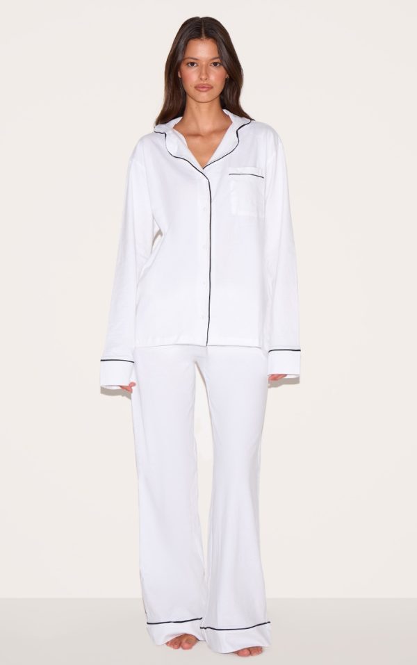 White Jersey Piping Detail Long PJ Set