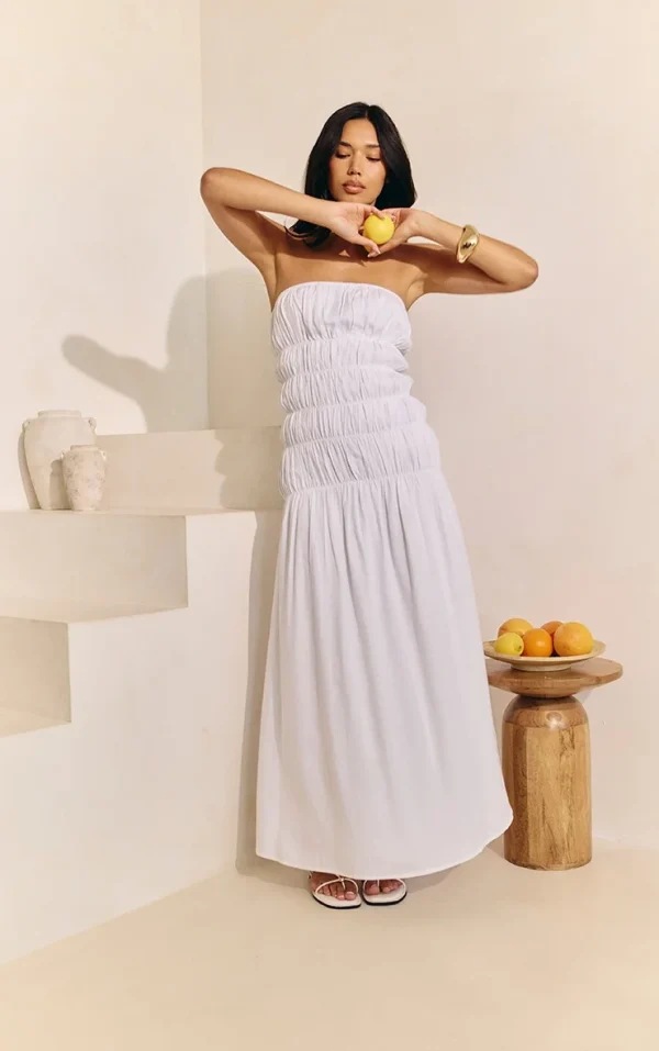 White Bandeau Ruched Detail Maxi Dress
