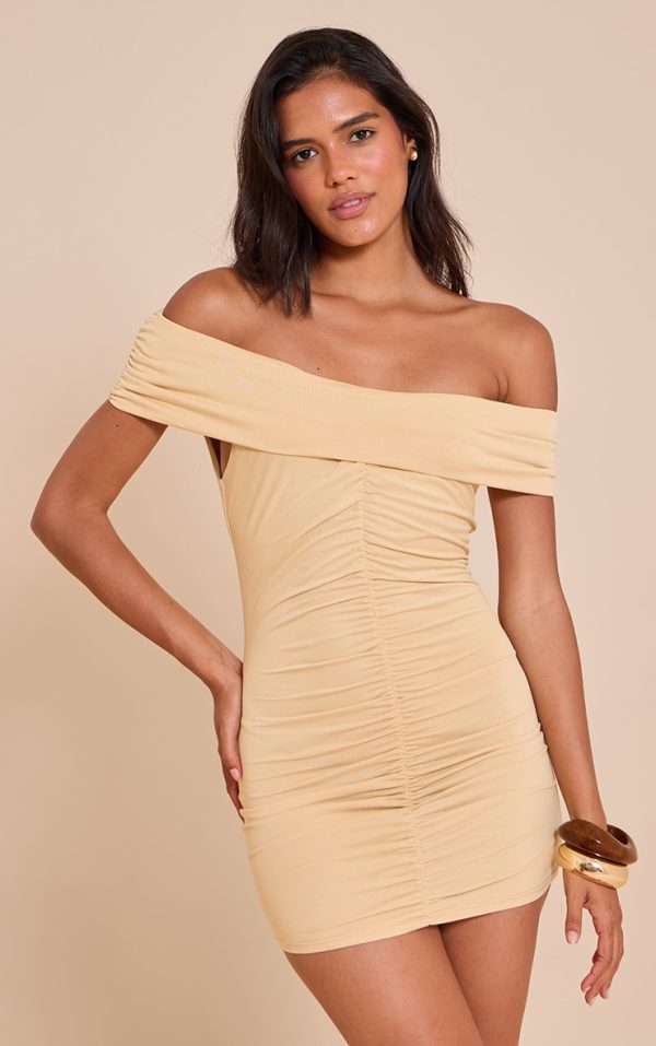 Buttercream Modal Ruched Drape Bardot Mini Dress