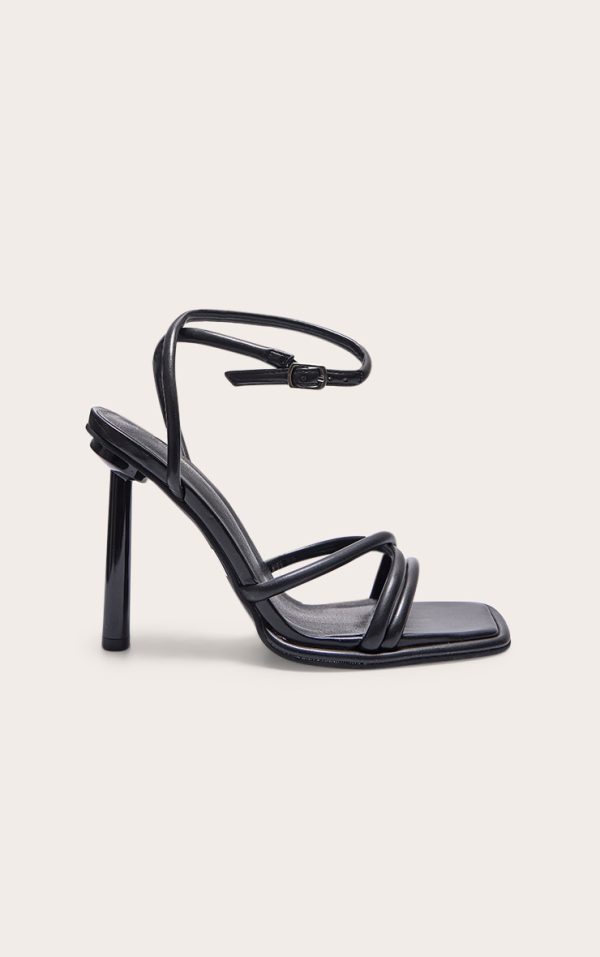 Black Pu Square Toe Edge Quilted Strap High Heeled Sandals