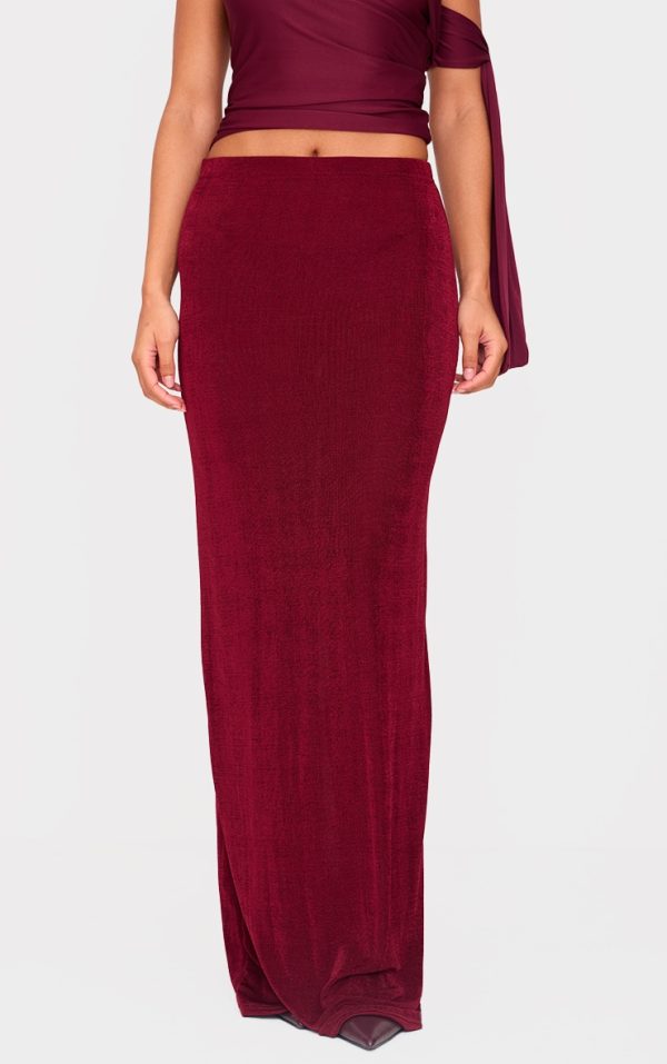 Burgundy Acetate Slinky Low Rise Maxi Skirt