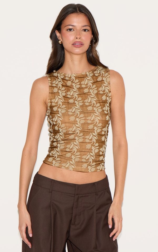 Brown Embroidered Chiffon Textured Racer
