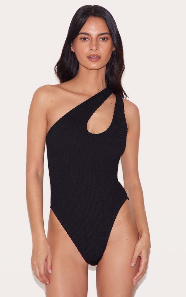 Black Crinkle One Shoulder Cut Out Swimsuit