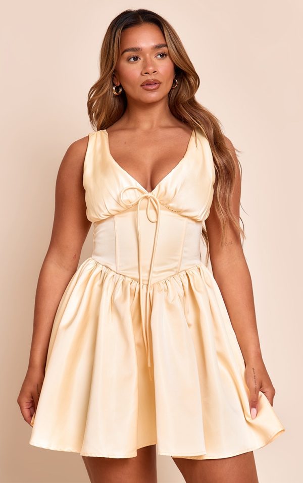 Shape Lemon Satin Plunge Front Cinched Waist Skater Mini Dress