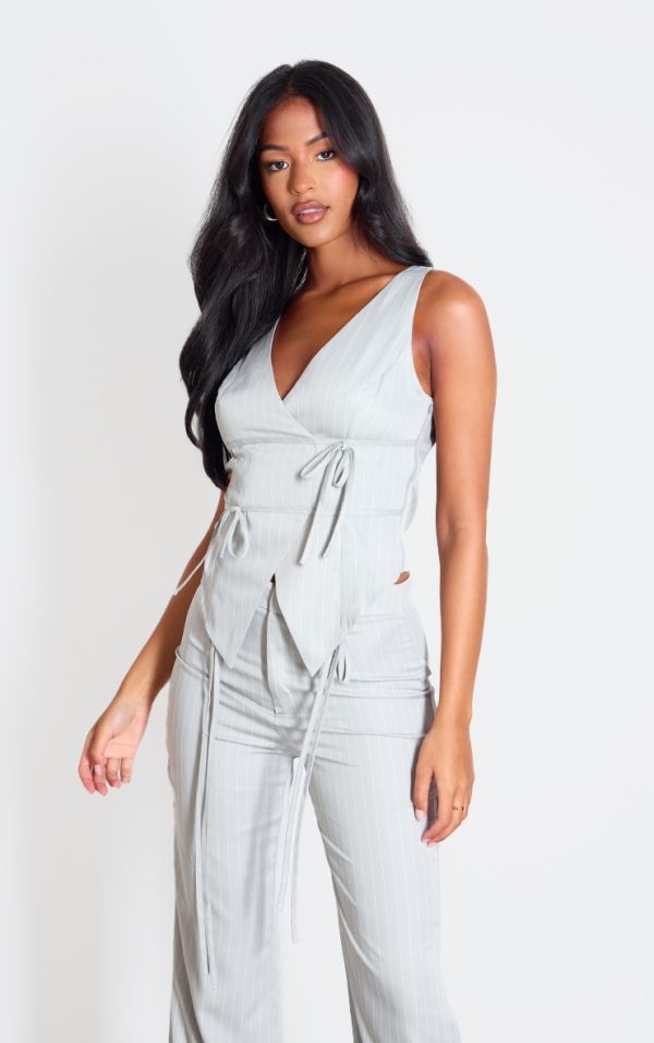 Tall Grey Pinstripe Tie Front Detail Crop Top