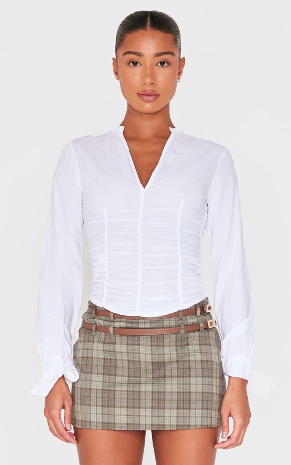 White Ruched Front Tie Detail Shirt