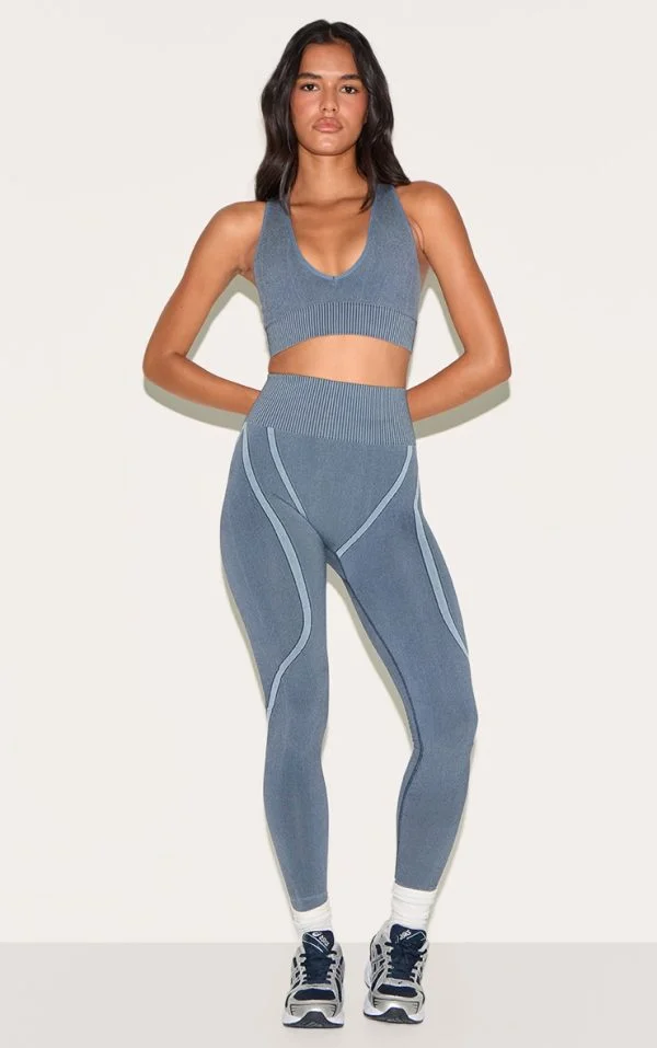 Midnight Blue Ribbed Seamless High Waisted Leggings
