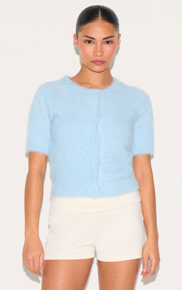 Petite Blue Fluffy Knit Cap Sleeve Crop Sweater
