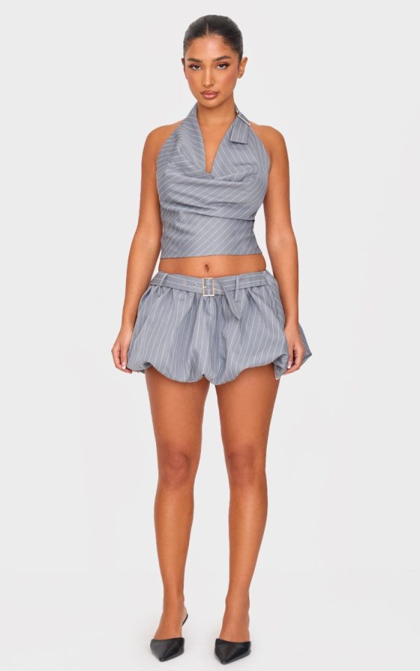 Petite Grey Pinstripe Buckle Detail Puffball Mini Skirt