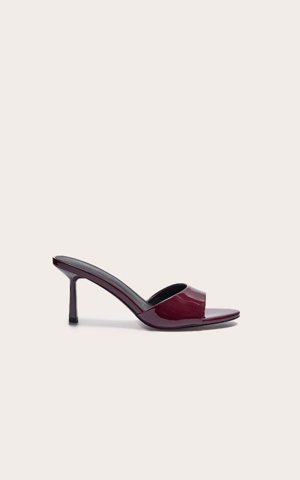 Wide Fit Burgundy Pu Round Toe Mid Stiletto Heeled Mules