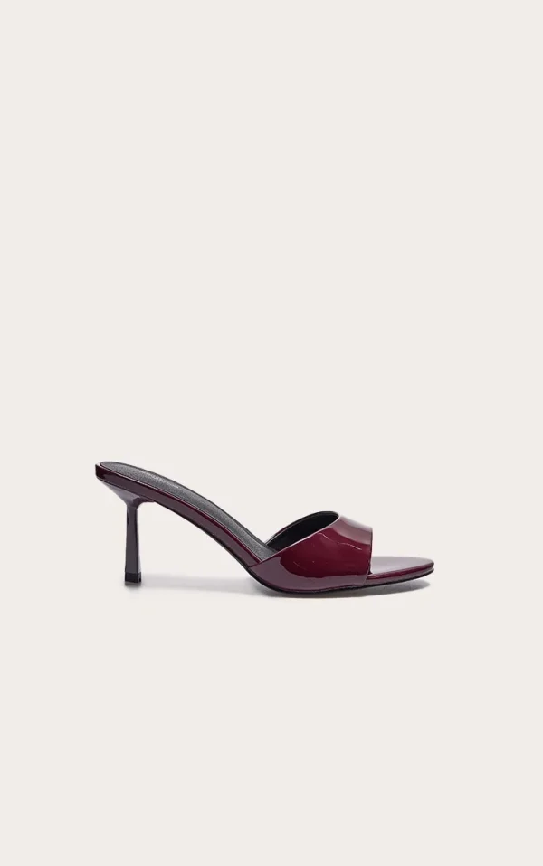 Wide Fit Burgundy Pu Round Toe Mid Stiletto Heeled Mules