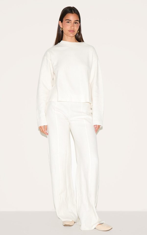 Cream Soft Ribbed Straight Leg Pants