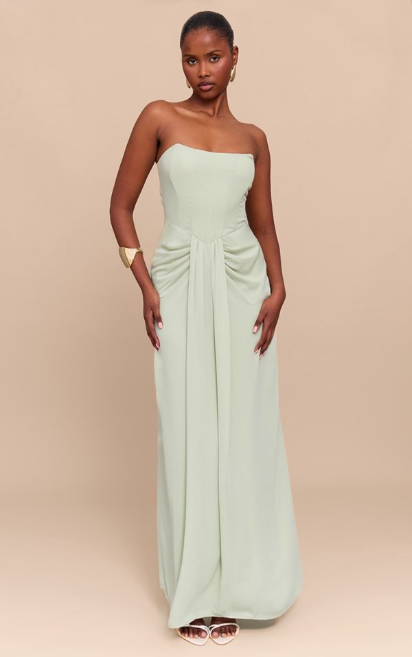 Sage Green Bandeau Corset Drape Detail Maxi Dress