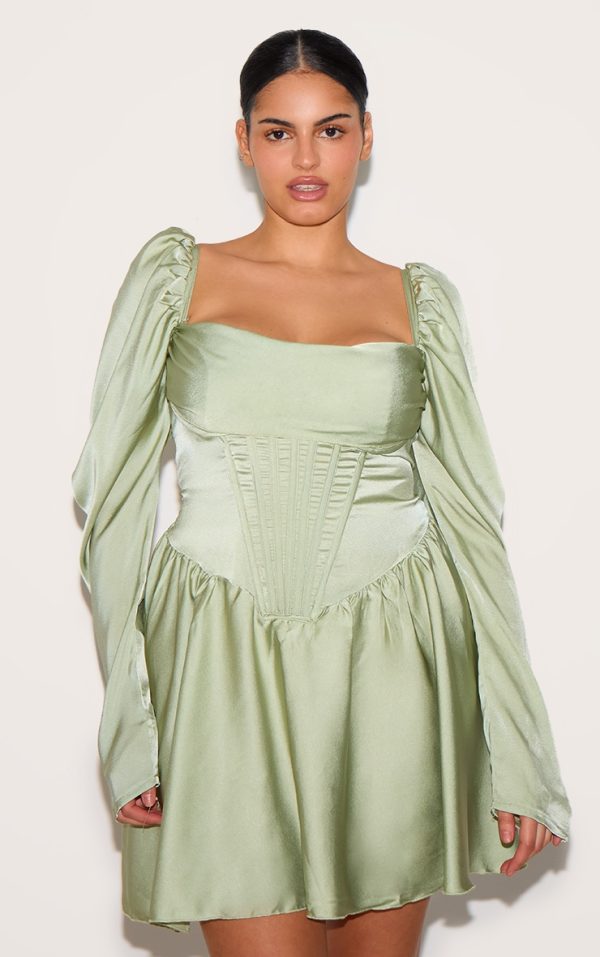 Plus Sage Satin Corset Detail Puffball Shift Dress