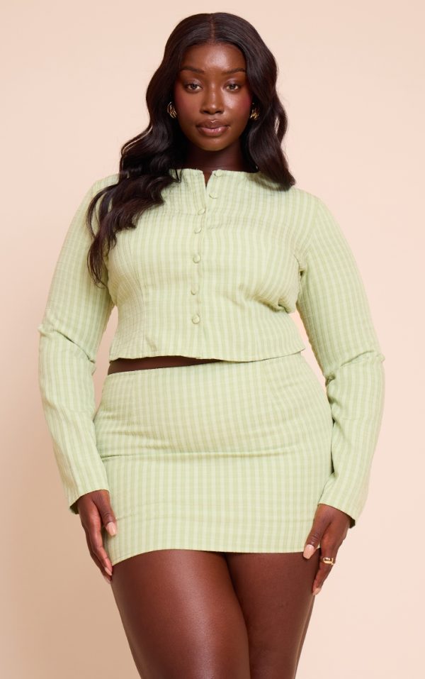 Plus Sage Button Down Round Neck Long Sleeve Top